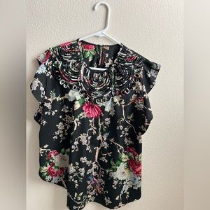 Anthropologie by Ranna Gill black blouse with floral detail, size XS
